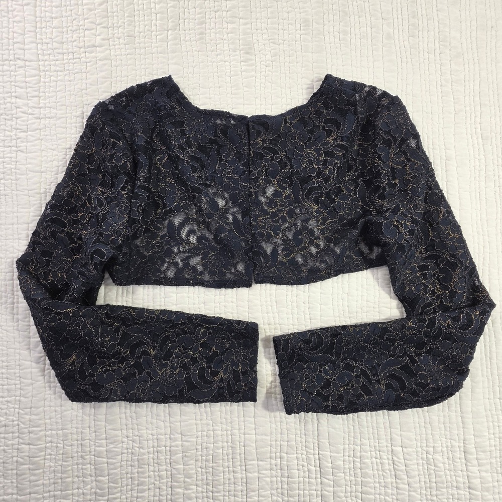 Navy Gold Metallic Lace Bolero Shrug Sheer Scalloped Cardigan M EUC